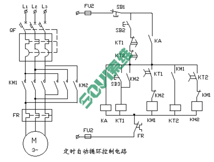 定時自動循環(huán)正反轉電機控制電路